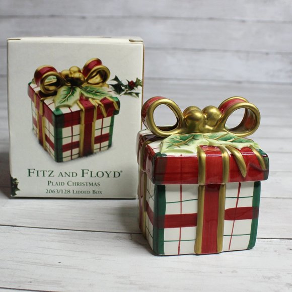 Fitz and Floyd Plaid Ceramic Box with Lid Christmas Holiday Trinket Candy - Picture 1 of 8